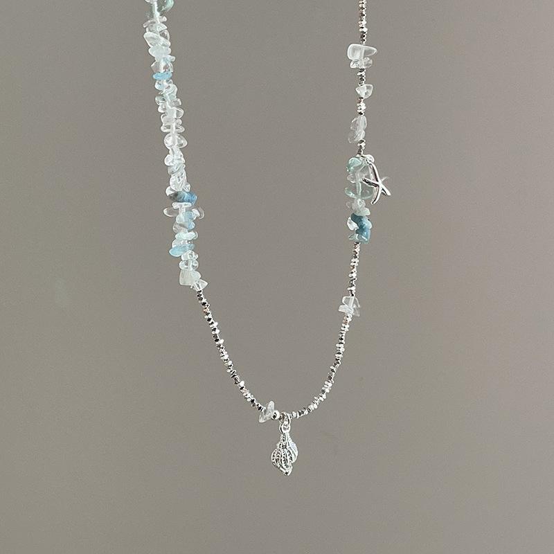 Women's Stylish Irregular Crystal Natural Stone Star Trumpet Shell Beaded Necklace Shiny Silver Water Wave Chain Choker