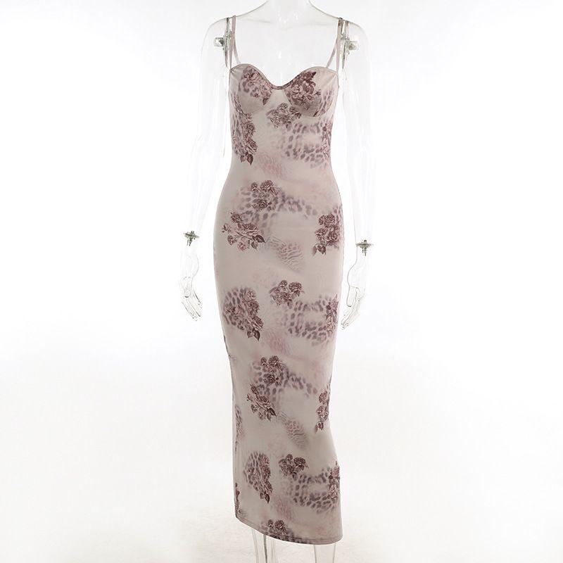 

Fashion Ins Fashion Backless Spaghetti-Strap Floral Print Long Dress Khaki S