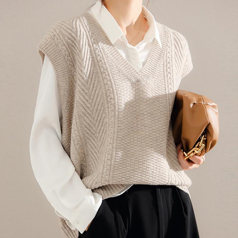 Dam V-ringad stickad väst Koreansk stil Kofta Ärmlös pullovertopp