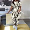 Women Plus Size Black White Printed Round Neck Short Sleeve Top Long Pants Two Piece Set