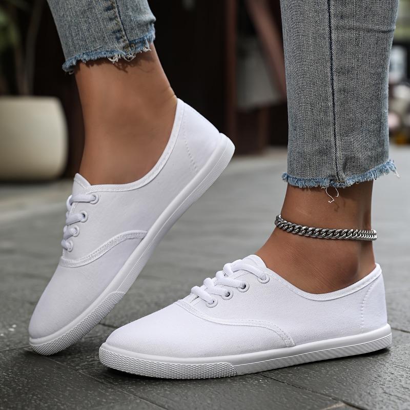 Women's White Round Toe Lace-Up Casual Sneakers - Breathable Fabric Upper, Anti-Slip TPR Sole, Low-Top Comfortable Walking Shoes for All-Season