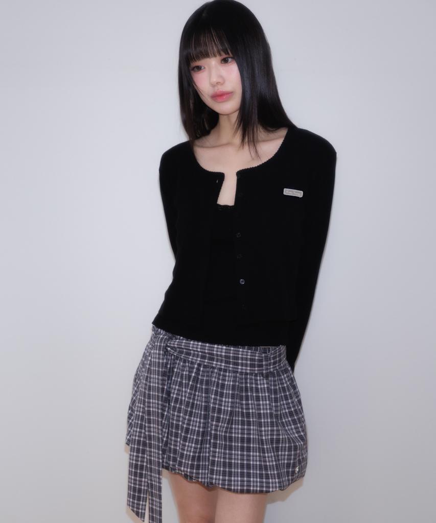 Rose Franz Balloon Check Belted Miniskirt [Black]