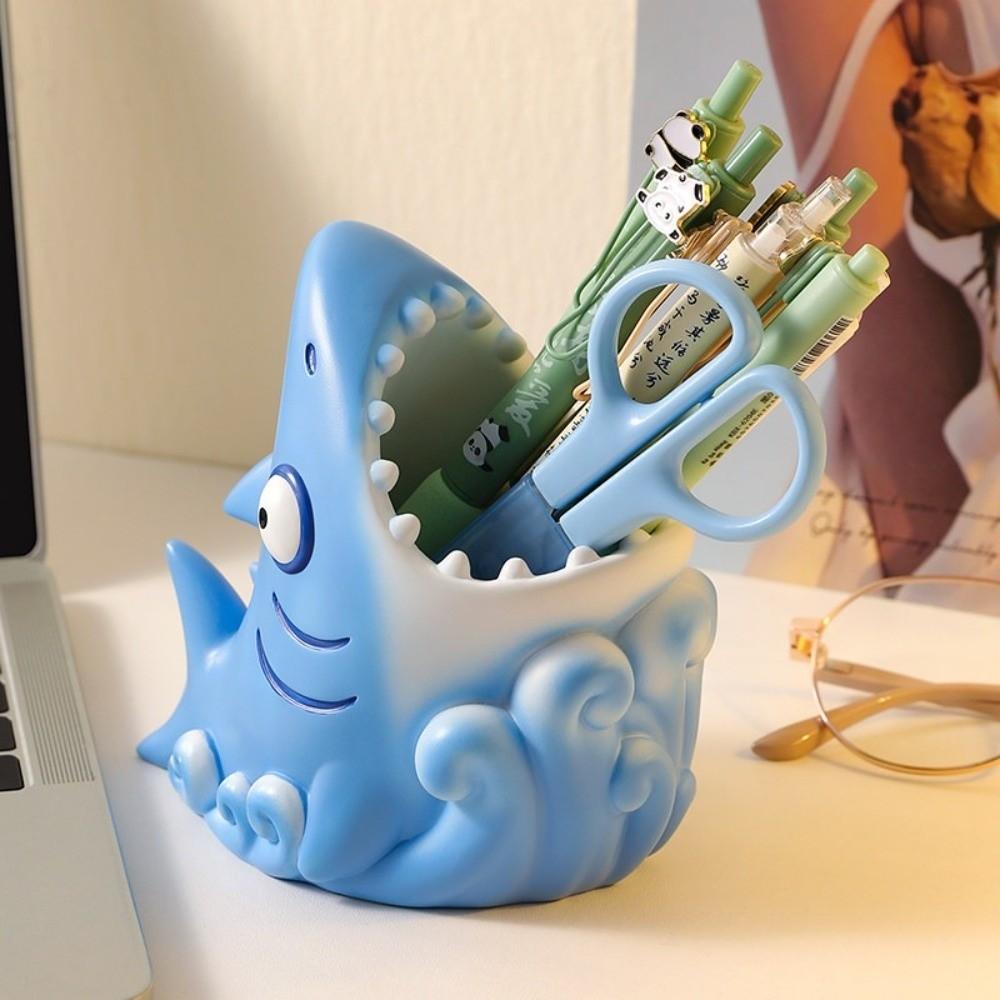 Cartoon Shark Pen Holder Creative Stationery Storage Box Study Room Resin Pen Holder  School