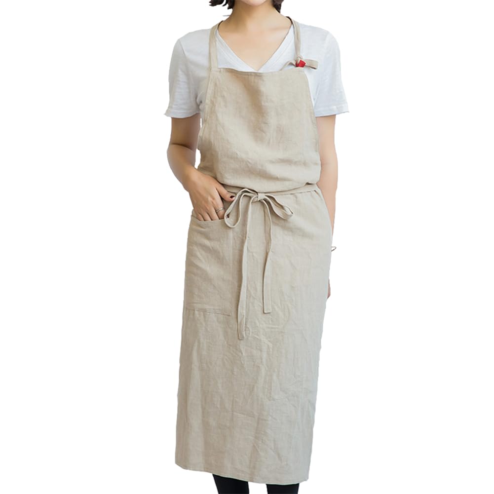 JOYAIYI Cafe-Style Linen Apron with a Simple Pocket for Hiding Your Bottom and a Front Pocket, Solid Color, Unisex Home Apron (Khaki)