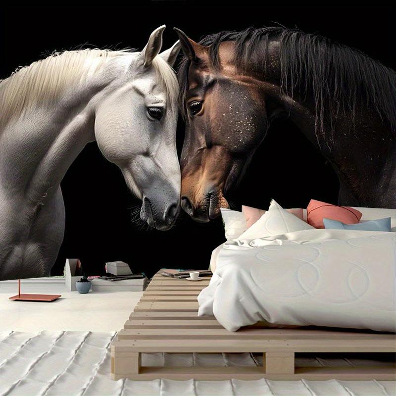 Sala de Estar Moderna Con Mural de Caballo Arte Decorativo Papel Tapiz 3D Fondo Negro Caballos Blancos y Marrones Diseño de Interiores