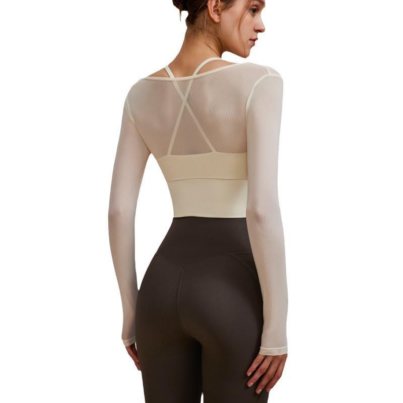 Womens Long Sleeve Mesh Overlay Yoga Top - Breathable Stretchy Fitness Tee With Built-in Bra Support