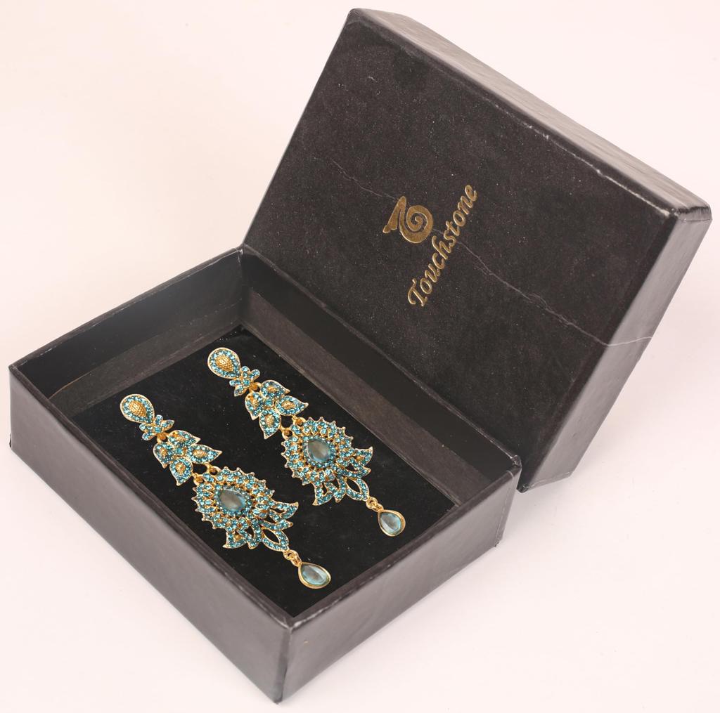 Touchstone Indian Bollywood Glamorous Handmade Contemporary Designer Jewelry Long Chandelier Earrings Rhinestone Crystal Gold Silver Tone Turquoise