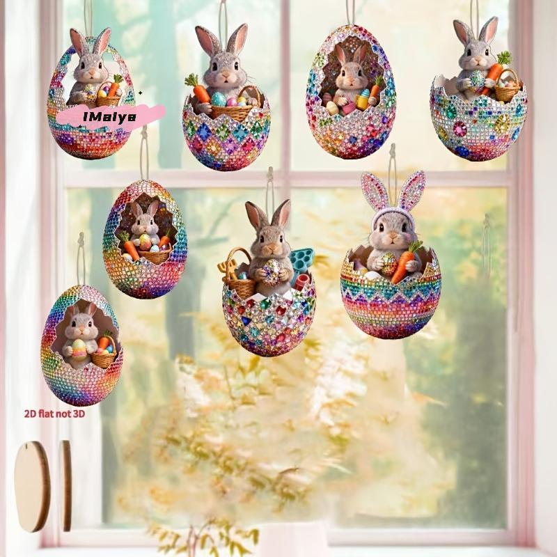 M-8Pcs Wooden Easter Egg Decorative Hanging Set 2D DIY Craft Easter Simulation Egg Decorative Artificial Egg Hanging Ornament