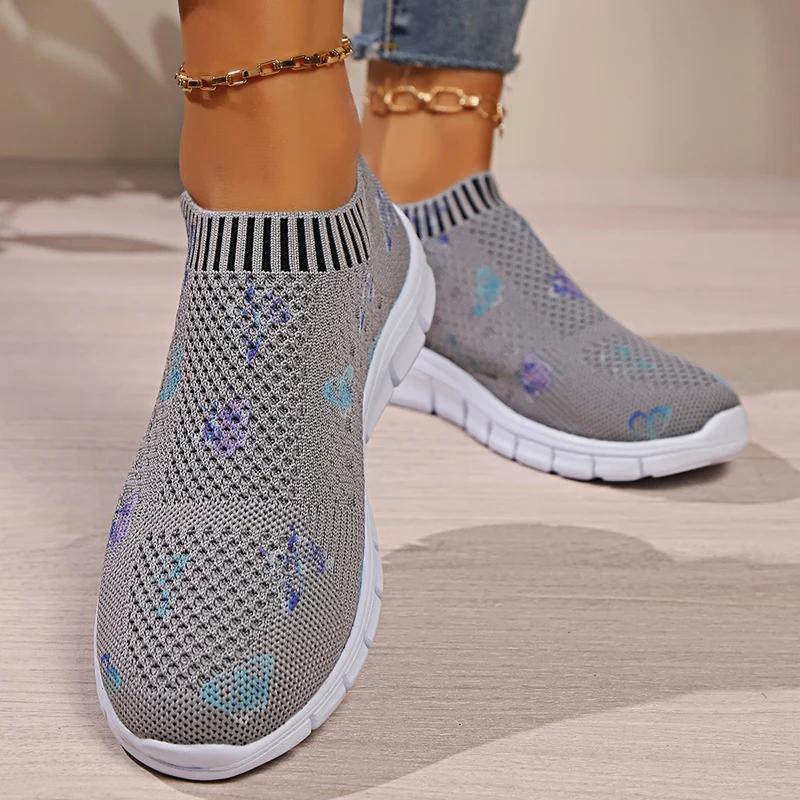 Women's Knitting Casual Sneakers Fashion Butterfly Print Soft Sole Running Shoes Woman Lightweight Breathable Flat Trainers 2025