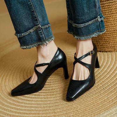 Fashion 2025 New Retro Style Women Pumps High Heels Mary Janes Shoes Woman Spring Genuine Leather Square Toe Casual Lady Party Shoes