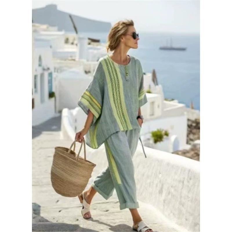 Y1 Short Sleeve Shirt Set Fashion Digital Printing Women's Loose Crew Neck Top High Waist Pants Two-piece Set
