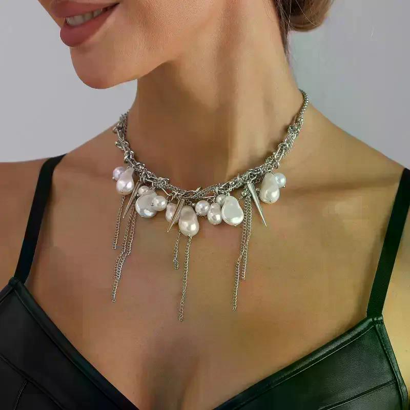 Sweet Tassel Link Pendant Necklace Women's Metal Trendy Pearl Choker Chain Party Jewelry Gifts
