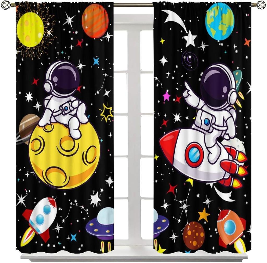 Space Astronaut Curtain,Cartoon Solar System Universe Rocket Spaceship Planet Earth Stars Window Treatments Drapes for Kids Boys