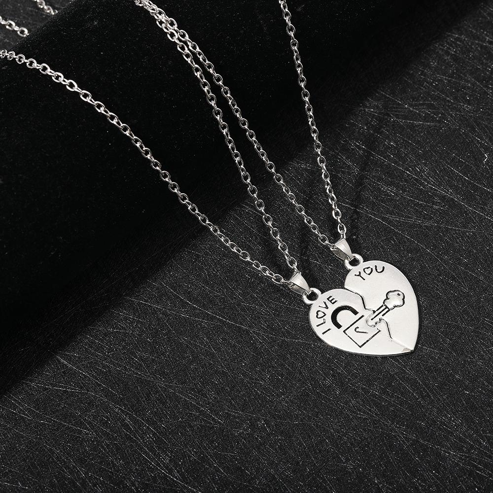 2 Pcs I Love You Heart Pendant Necklace Set Lock And Key Choker Chain For Couple Lovers Romantic Jewelry Valentine's Day Gift