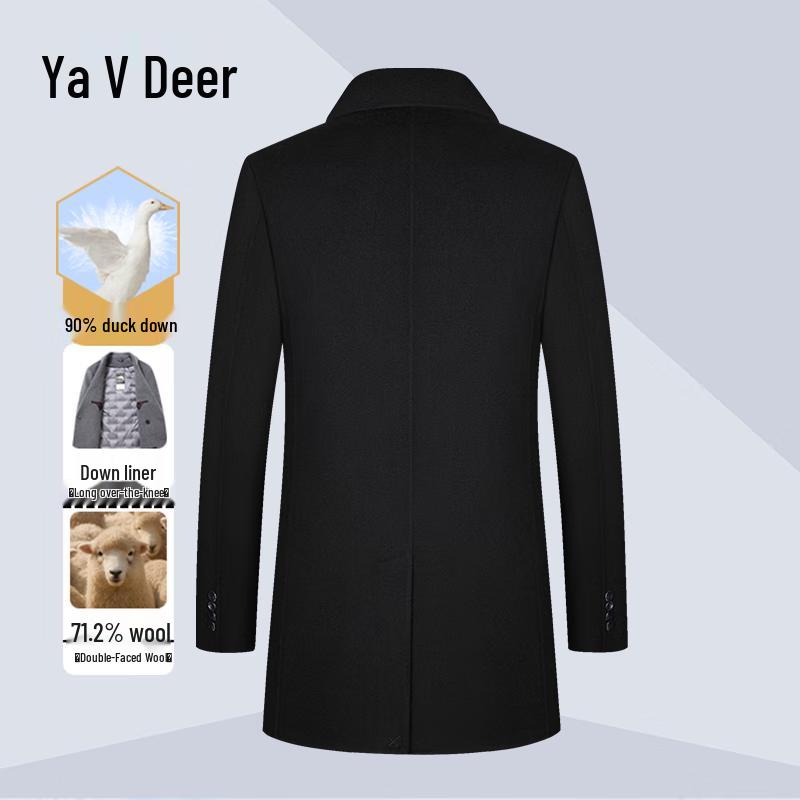 Yalu Men's Wool Blend Double-Breasted Mid-Length Coat with Detachable Down Liner