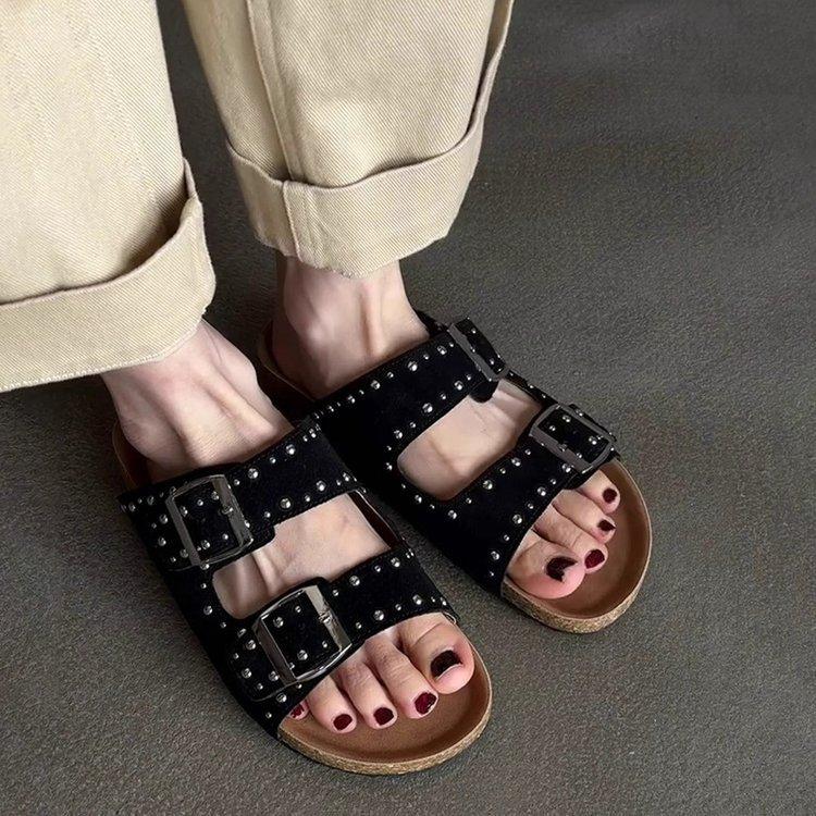 Soft Leather Version! Retro Platform Slippers Women's Outer Wear Fashion Rivets One-word Belt Buckle Boken Shoes Fashion Cool Slippers