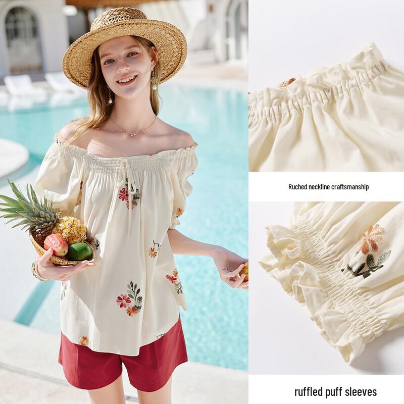 Women's Resort Style Cotton Puff Sleeve Top