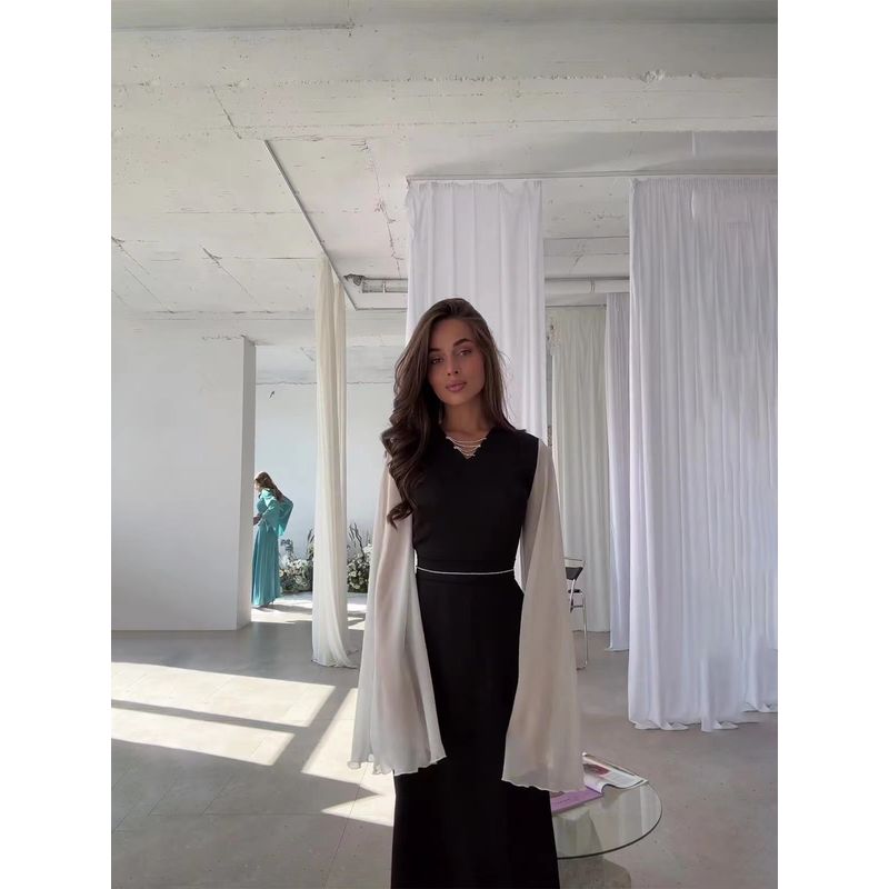 European and American New V-neck Fashion Loose Mesh See-through Sleeve Dress V-Neck Mesh Sleeve Dress