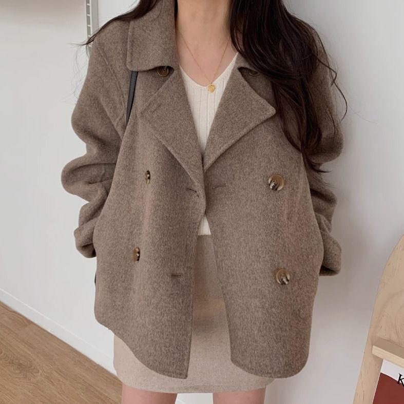 

Elegant French-Style Double-Breasted Woolen Coat - Autumn/Winter Collection Small for 80-95 lbs кавовий