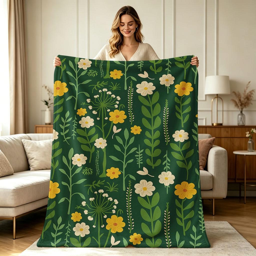 Soft Cozy Flannel Wildflower Printed Throw Blanket All Season Warm Lightweight Breathable Decorative Blanket for Sofa Couch Chair Bedroom Living Room
