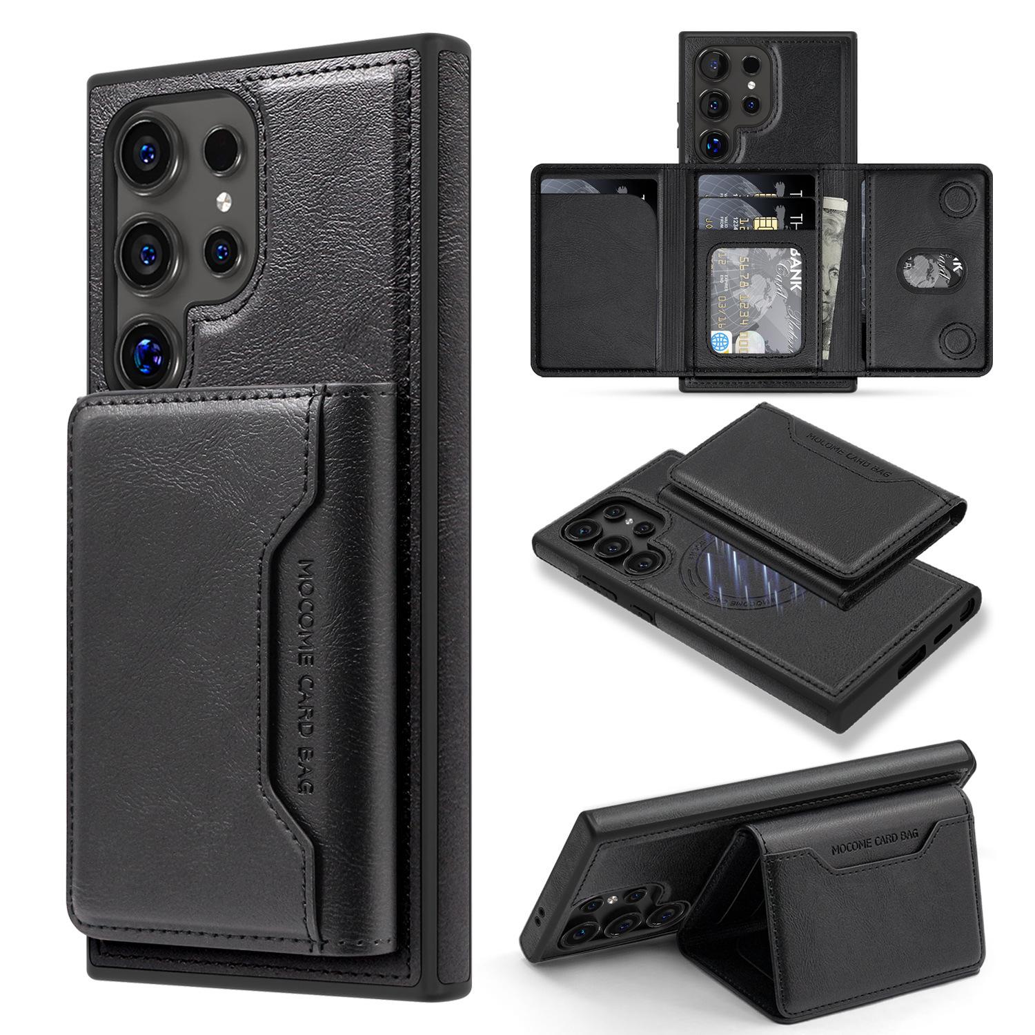 

Подходит для чехла для телефона Samsung S24Ultra, Магнитный держатель для карт, Подставка, Кожаный чехол, Вставка для карт, Защитный чехол 2-в-1 S23, S22 Samsung S23 чёрный