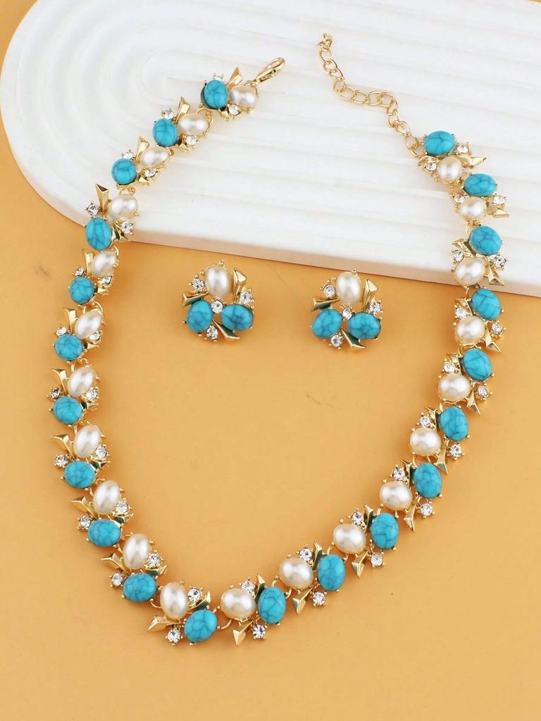 Vintage Turquoise Artificial Pearl Inlay Jewelry Set Necklace Earrings Elegant Statement Accessories for Women