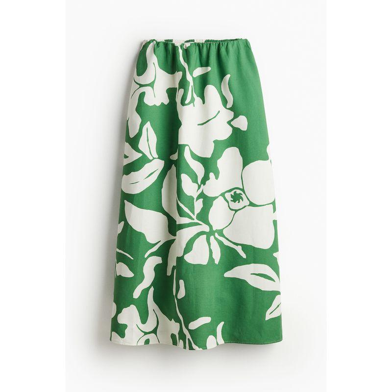 

HM Women s Skirt Autumn Linen Blended Woven High Waist Breathable Vacation Style A- line Dress 1225776 Green/Florals 155/64A