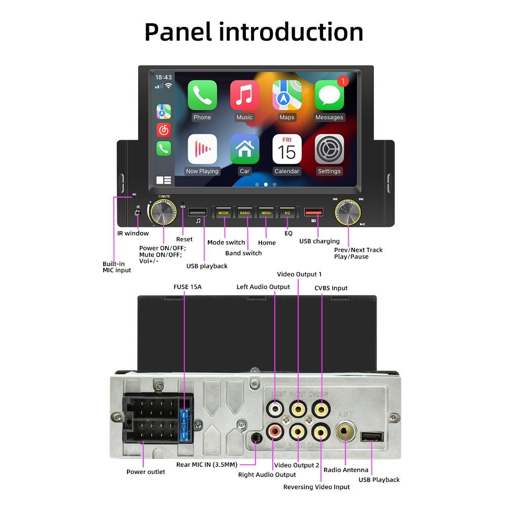 6.2 Inch 1Din Wire&Wireless CarPlay Android Auto Screen Radio Car Stereo BT MP5 Car Play 2USB Audio System Car Accessories