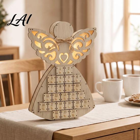 Advent Calendar for Candy Wooden Angel Christmas with 24 Storage Drawers Countdown Holiday to Tabletop Decoration Winter Party Favors LED Lighted