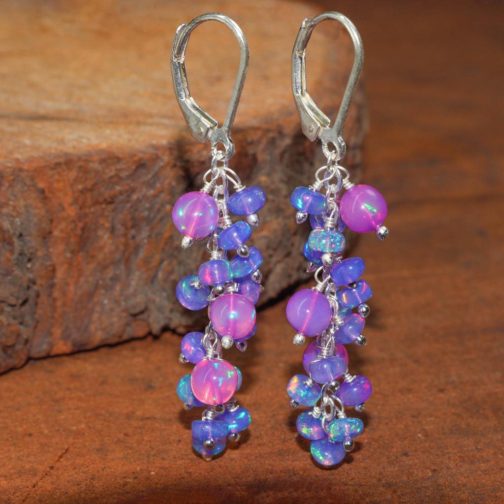 AAA Purple and Lavender Multifire Opal Cluster Earring, Opal Gemstone Handmade Beads Earring, Birthstone Earring for Women, Delicate Gift