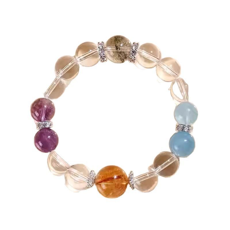 White crystal multi-bead bracelet for women, fresh and sweet, with amethyst and aquamarine beads, versatile gift for girlfriend or best friend