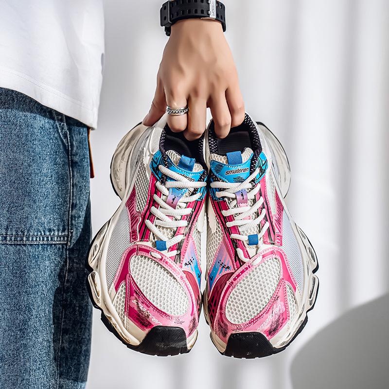 Men's contrasting color trend platform dad shoes outdoor student lace-up casual shoes four seasons fashion mesh sneakers