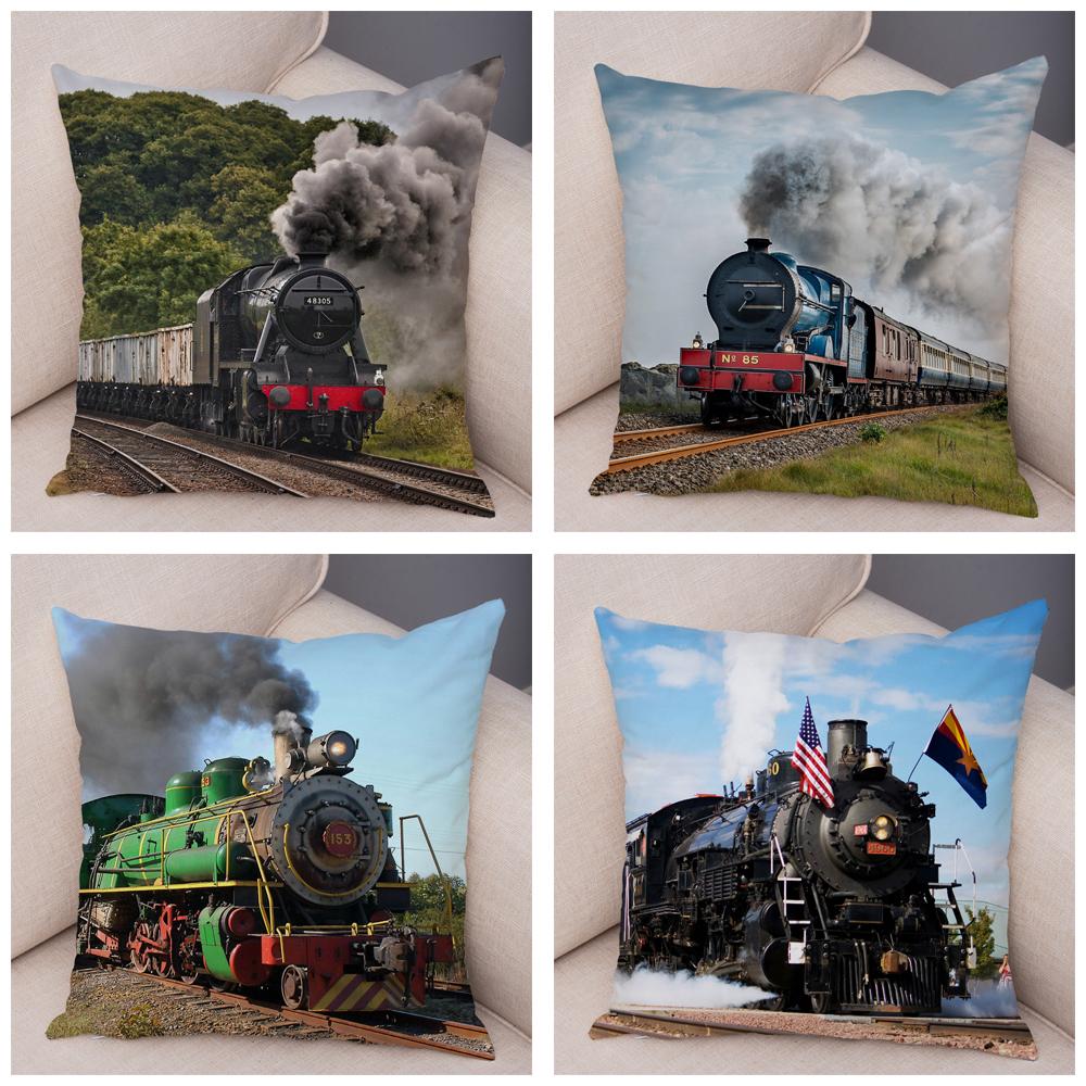 Pillowcase Vintage Style Steam Train Decor Retro Colorful Car Cushion Cover