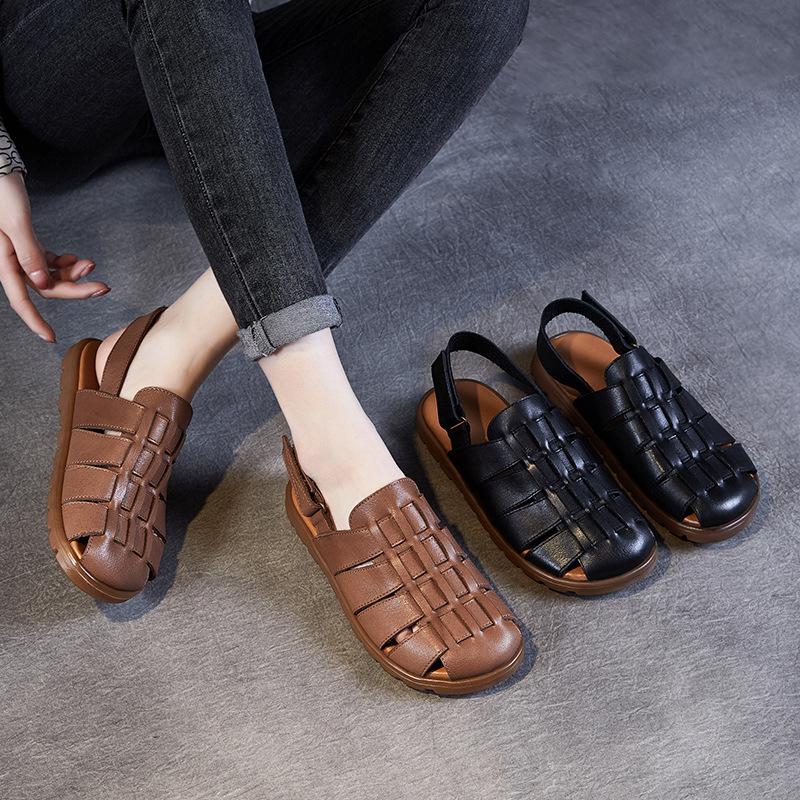 2CM Weave Cow Genuine Leather New Women Summer Hook Loafer Sandals Platform Wedge Comfy Shoes Elthnic Hoollow Retro Flats Rubber