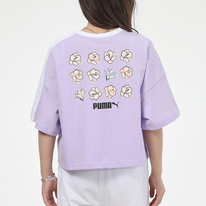 Puma Floral Cartoon Print Casual Sports Round Neck Short Sleeve T-Shirt Women Tops Lavender-Purple 532258-16