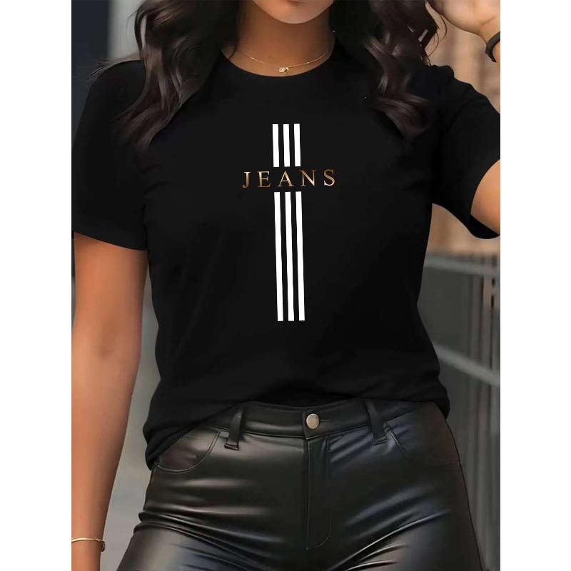 European Size Gradient Art Letter Printed Pattern - Elegant And Fashionable - Women'S Round Neck Pullover T-Shirt, Casual Sports Short