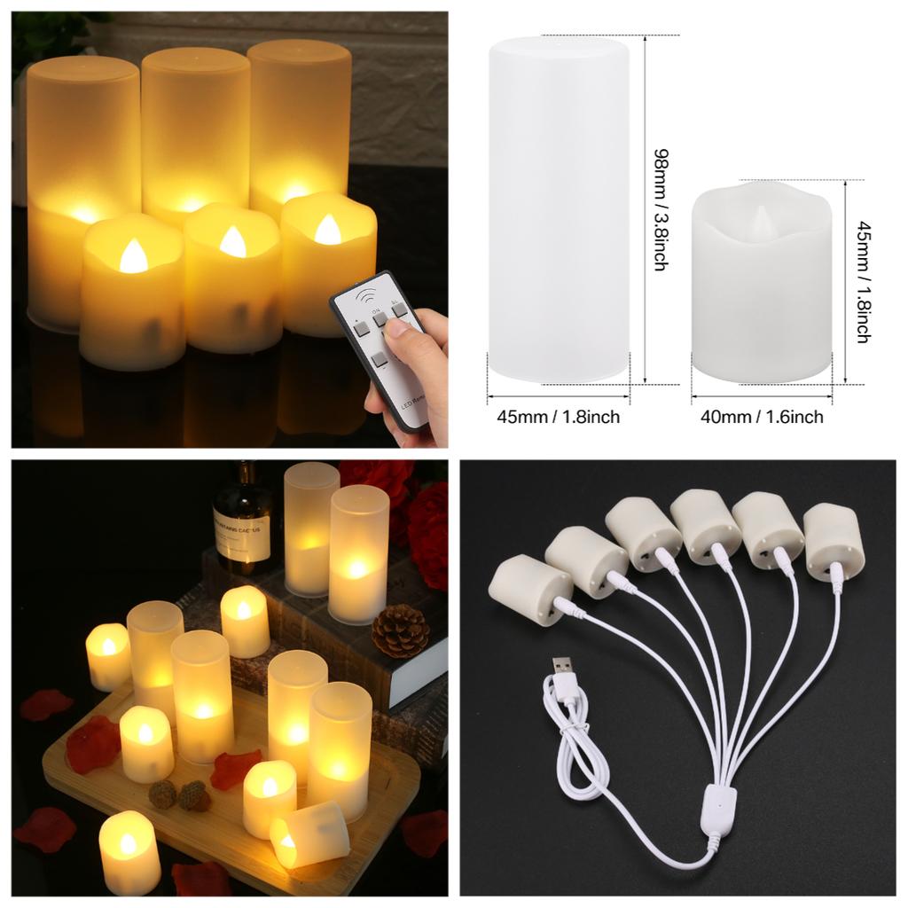 6Pcs Rechargeable Flickering Candles Flameless LED Tea Light Christmas Candles 1D Wick Battery Operated Electronic Candle Lamp