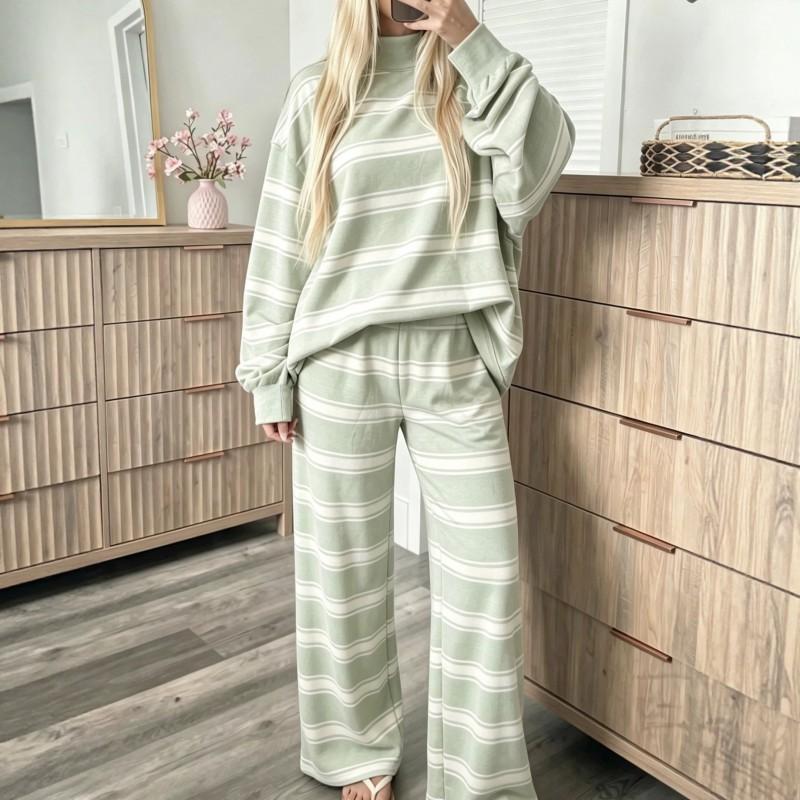 2026 Womens Striped Print Casual Two-Piece Set Long Sleeve T-Shirt Pants Comfort Fit Korean Style