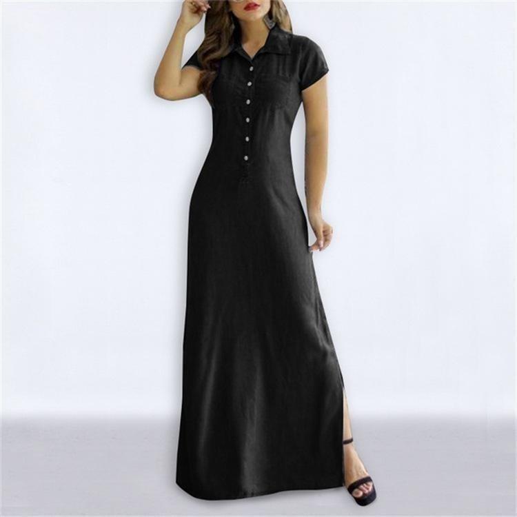 Maxi abito in denim stile europeo americano, casual, con colletto a camicia, gonna svasata con tasche a fessura