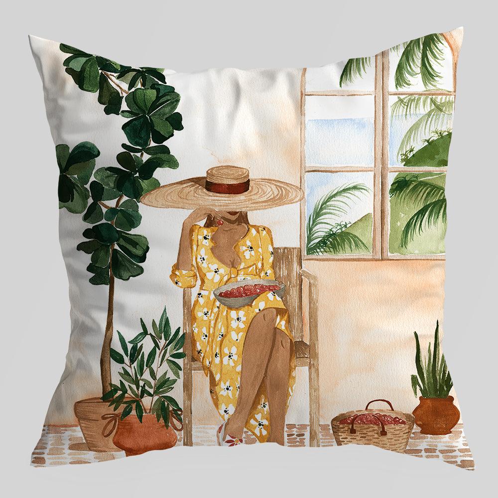 Abstract Green Plant Figures Seascape Pillow Cover Nordic Ink Painting Short Velvet Sofa Car Pillow Cushion Cover