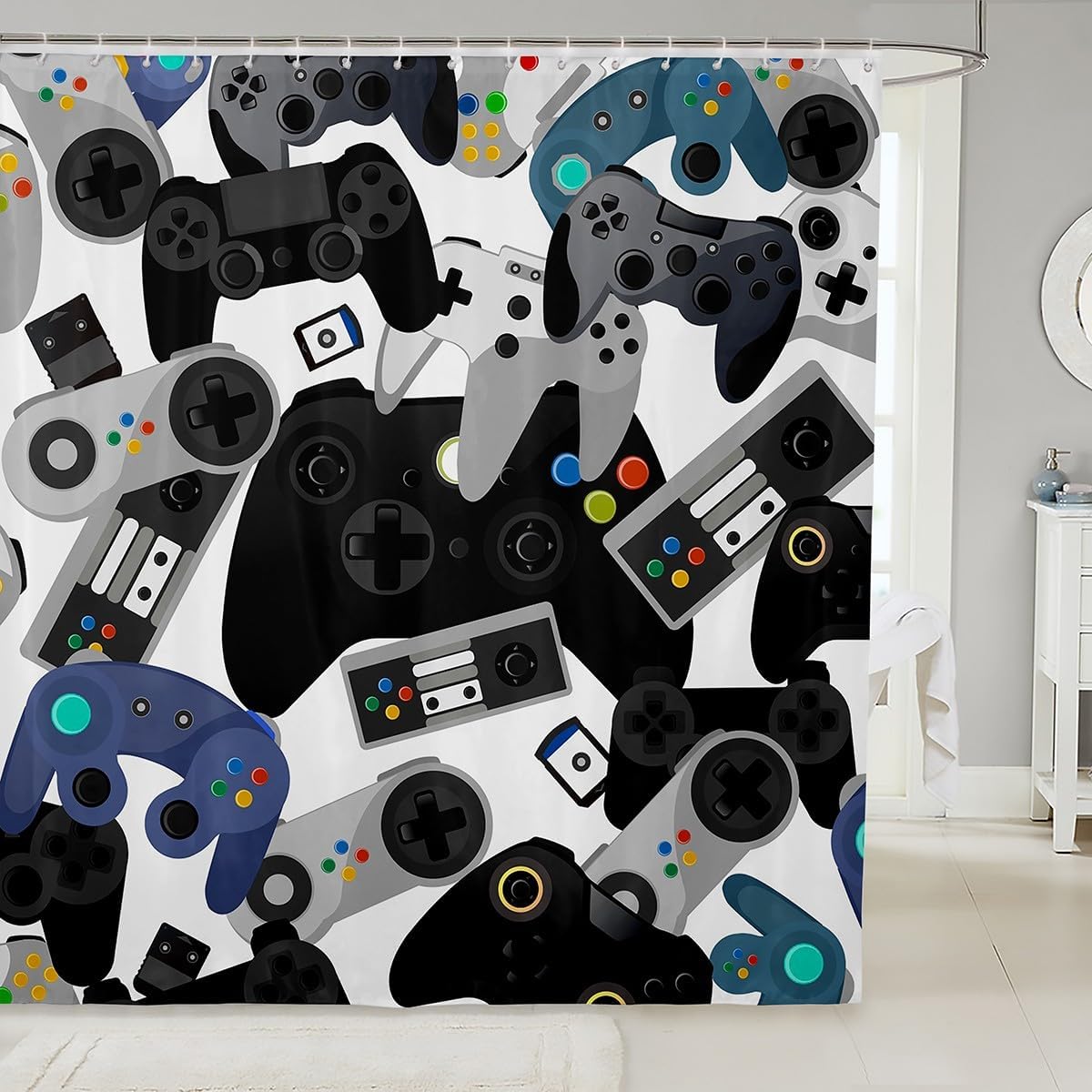 

Castle Fairy Gamer Shower Curtain Watercolor Gamepad Kids Teen Boys Video Games Room Red Blue White Black Decor Hooks W60H190(CM)-1 Pcs