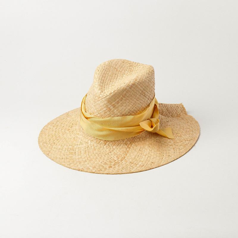 USPOP Spring Summer Wide Ribbon Bow Sun Hats Double-layer Hand-woven Raffia Jazz Hat Outdoor Sunshade Raffia Beach Straw Hat