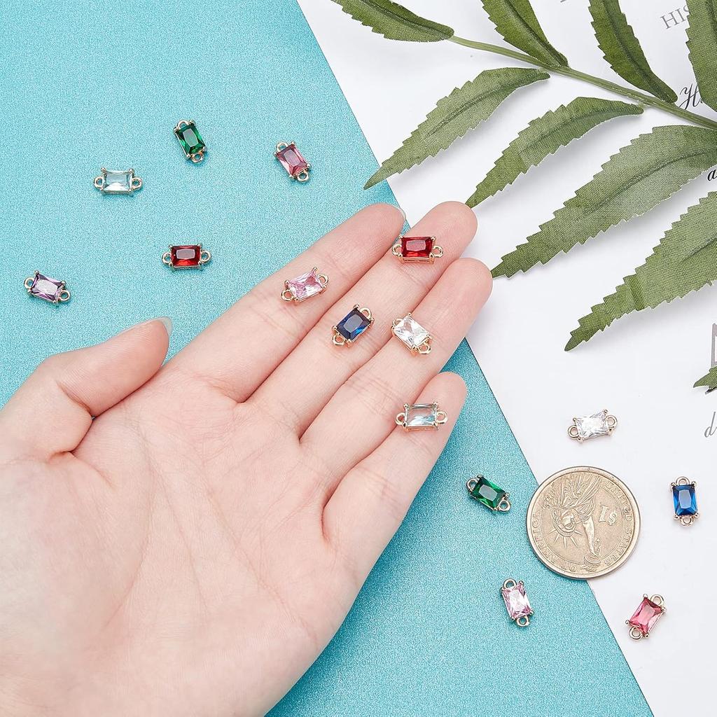 arricraft 16 Pcs 8 Colors Glass Links Connectors, Rectangle Crystal Glass Connectors Rhinestone Faceted Pendants with Brass Findings for Jewellery