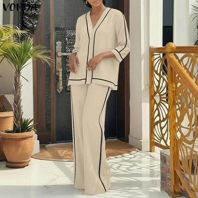Two Piece Suit Women 3/4 Sleeve Splicing Blouse and Pants Casual Sets