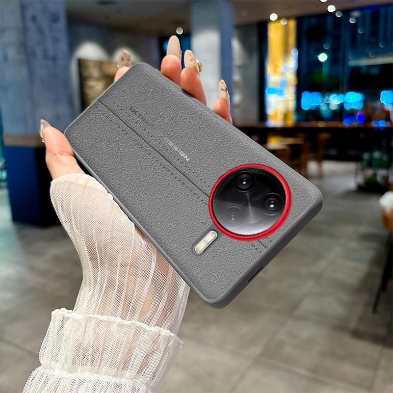Plain Leather Middle Stitching Style Red Heightened Lens Ring Case For Poco F7 Ultra POCO F7 Pro Slim Protect Cover