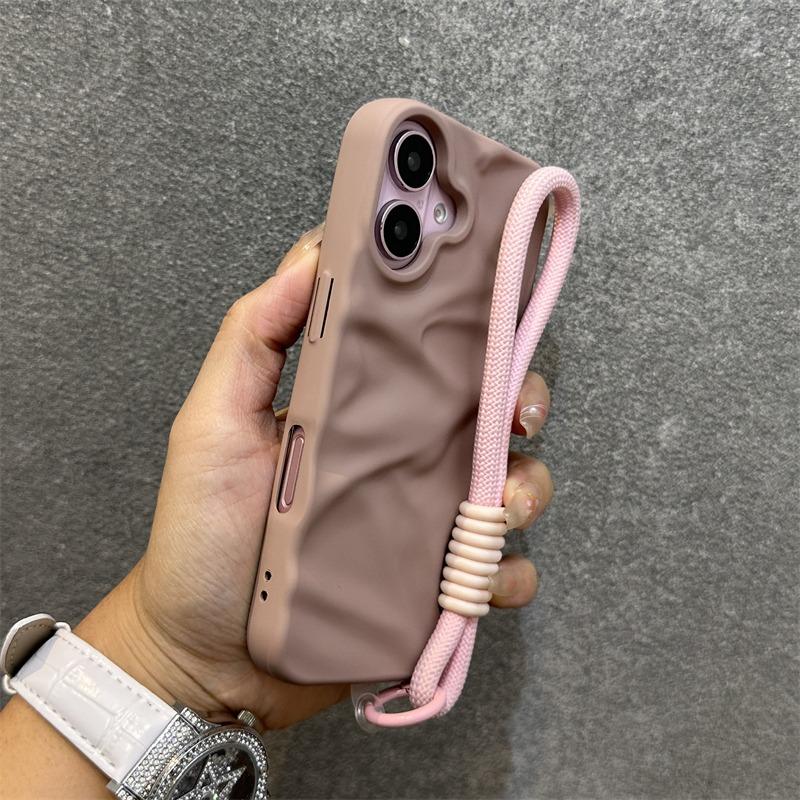 Fashion Solid Colours Pleated Lanyard Cover for iPhone 17 Air 17 16 15 14 13 12 Pro Max Plus Bracelets Slim Silicone Soft Case