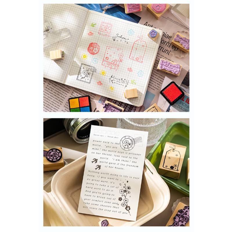 Dream And Cherries Stamps Wooden Seal Set Gift Box Diary Diy Bookkeeping Seal Decoration Material Fun Cartoon Seal Bookkeeping