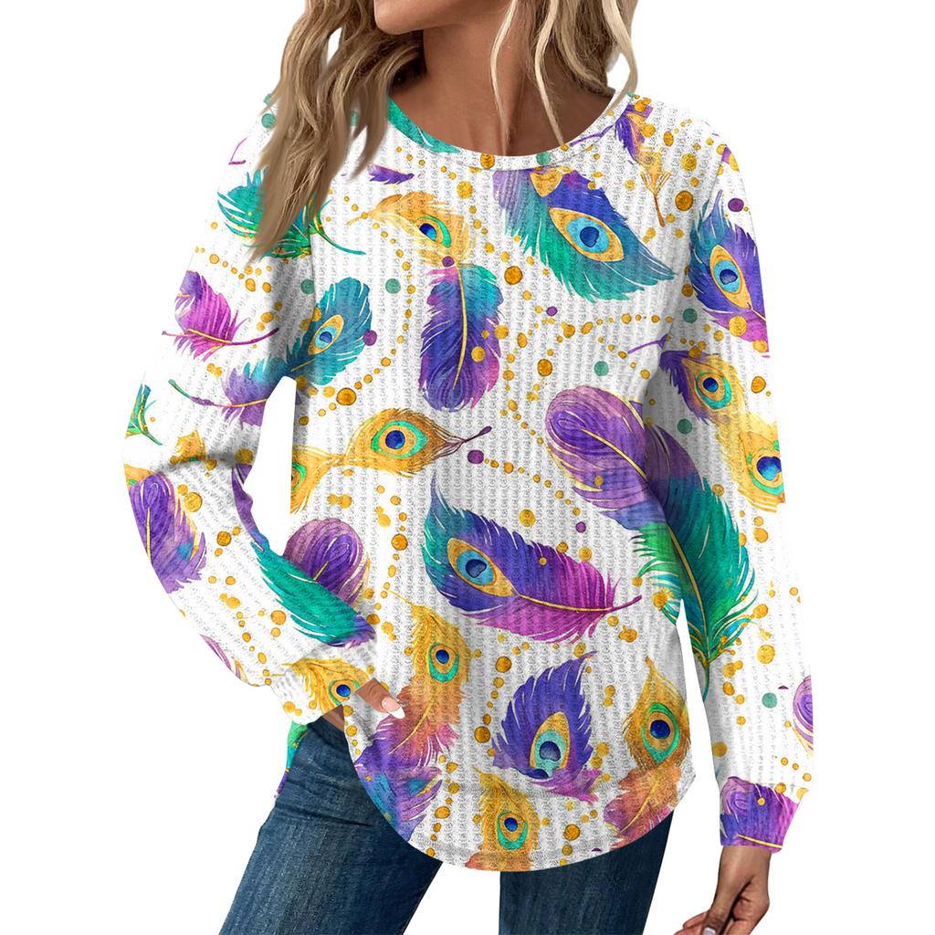 Women's Fashion  Loose Long Sleeve Carnival Print  Round Neck Casual Top