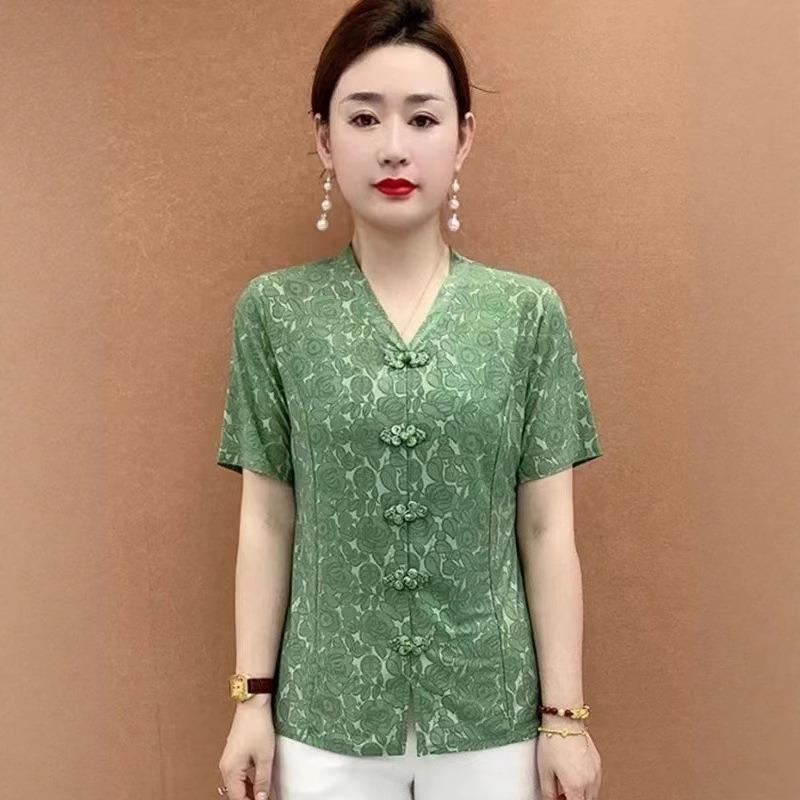 Women Rose Jacquard V Neck Frog Button Short Sleeve Qipao Style Blouse
