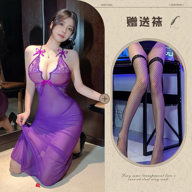 Sexy long dress sexy underwear perspective deep V lace dress night OL professional uniform tight